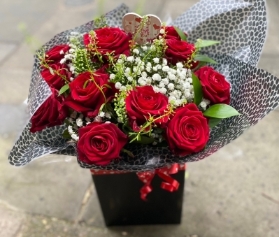 Red rose and gyp hand tied