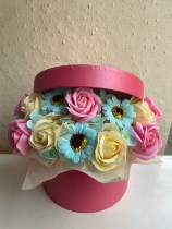 Pink and blue soap flower hat box