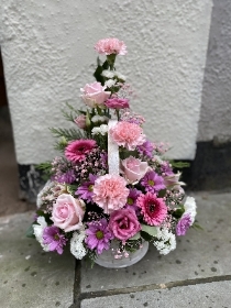 Pink Front facing basket arrangement