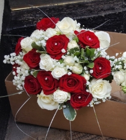 Red and white rose wedding bouquet