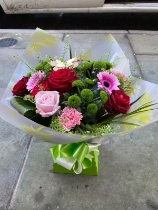 Red green and cerise hand tied