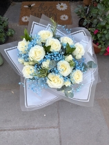White roses and blue gyp bouquet